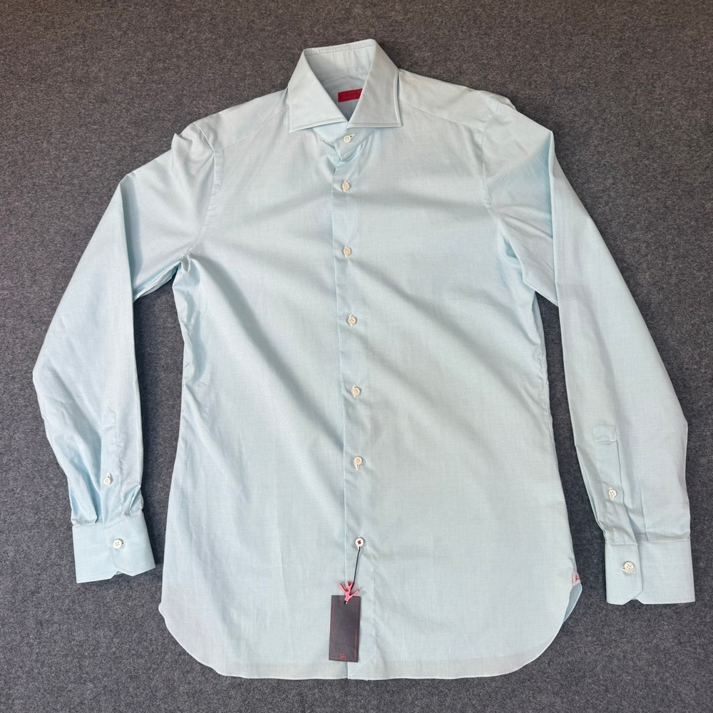Isaia Napoli Men Light Blue Micro-Houndstooth Dress Shirt 15.5 39 Luxury NWT